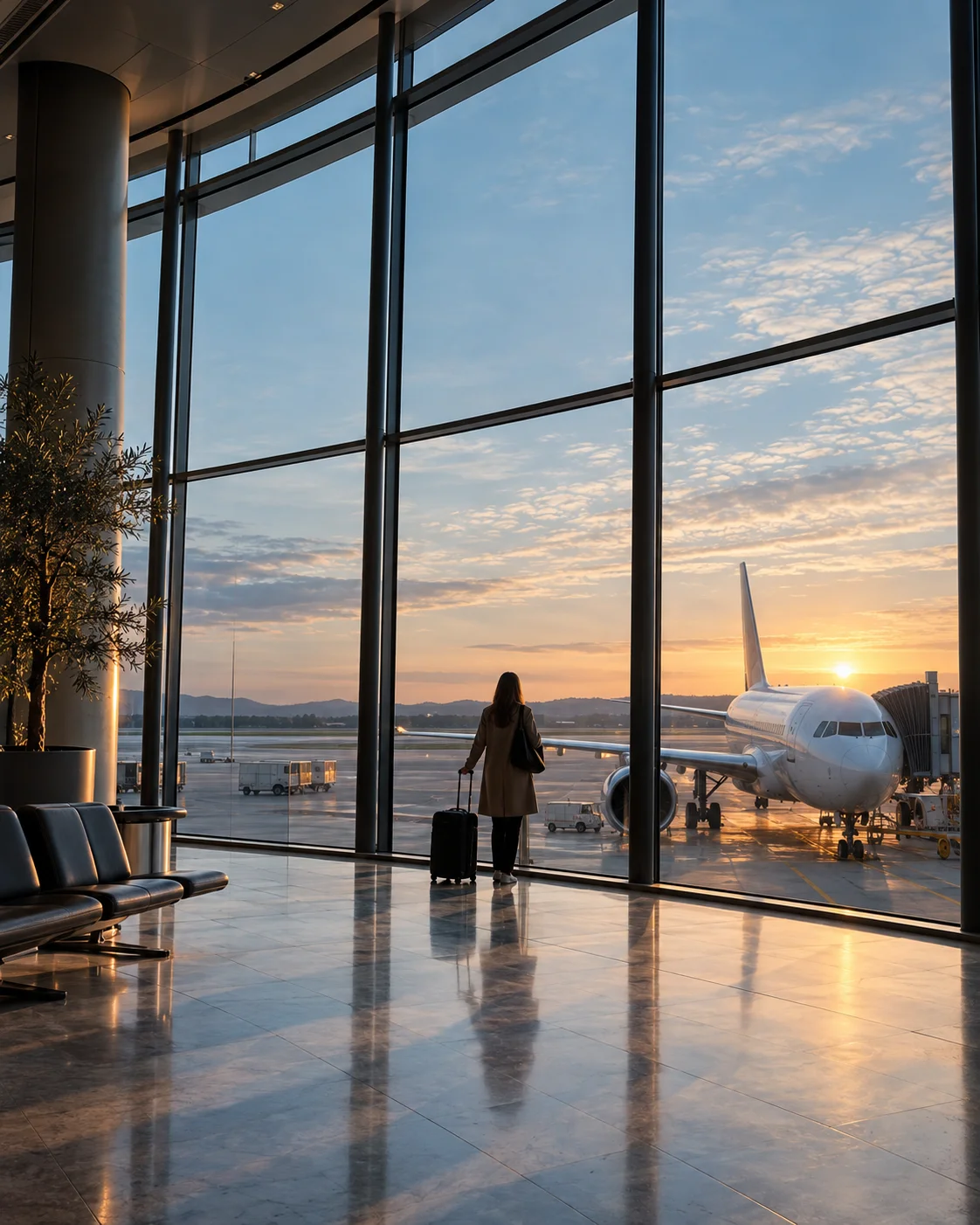 A traveler with a suitcase looking toward an airplane through sunlit airport windows